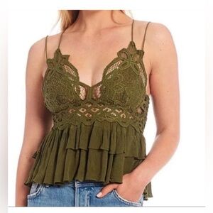 Free People Womens medium olive green Adella lace cross strap Cami XS Fairy Boho